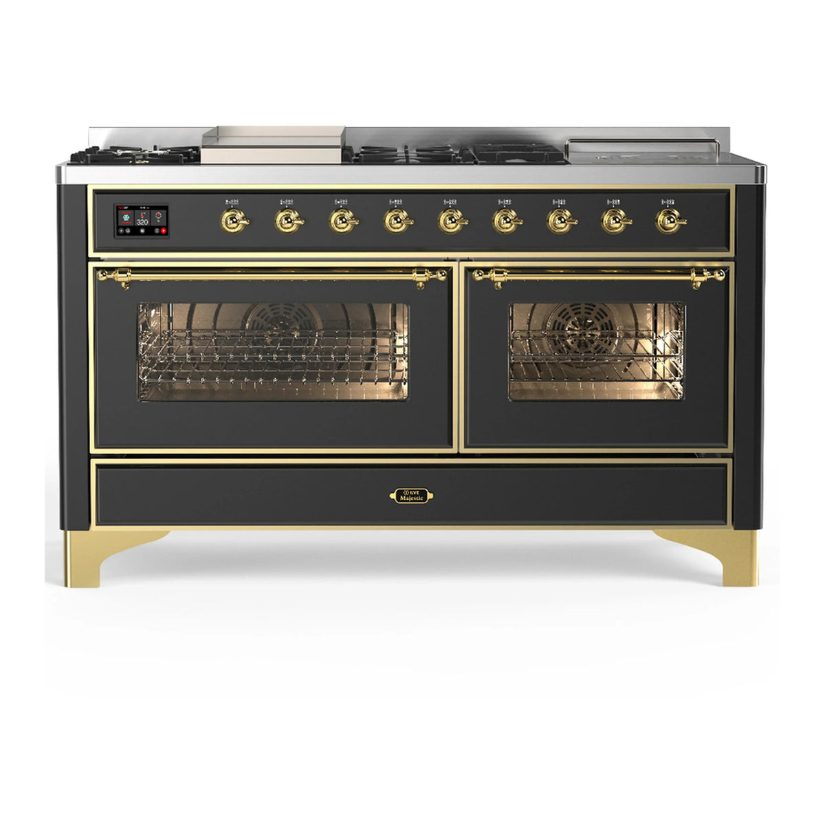 ILVE Majestic III 60-inch Dual Fuel Range with 7 Natural Gas Burner, Griddle, French Top and Triple Glass Door Electric Oven in Graphite Matte with Brass Trim (UM60FSNR3MGG)