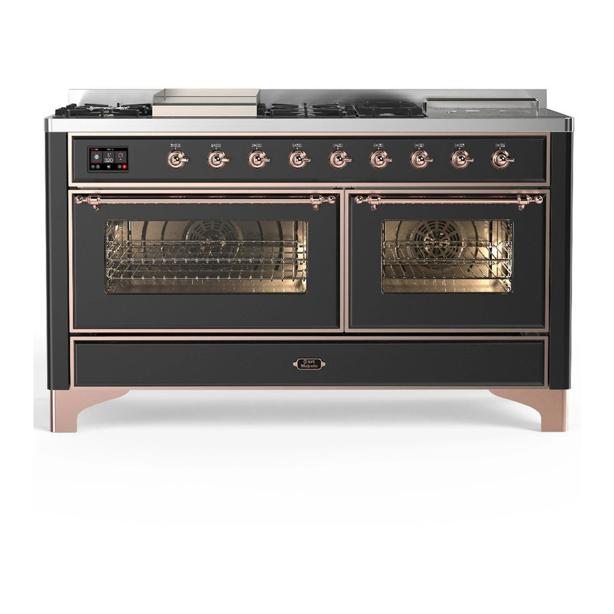 ILVE Majestic III 60-inch Dual Fuel Range with 7 Natural Gas Burner, Griddle, French Top and Triple Glass Door Electric Oven in Graphite Matte with Copper Trim (UM60FSNR3MGP)
