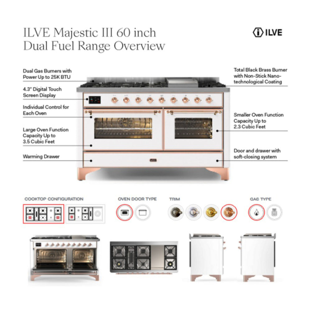 ILVE Majestic III 60-inch Dual Fuel Range with 5 Liquid Propane Burner, Griddle, French Top and Triple Glass Door Electric Oven in Mediterranean Mint with Burnished Trim (UM60FSNR3MMBLP)