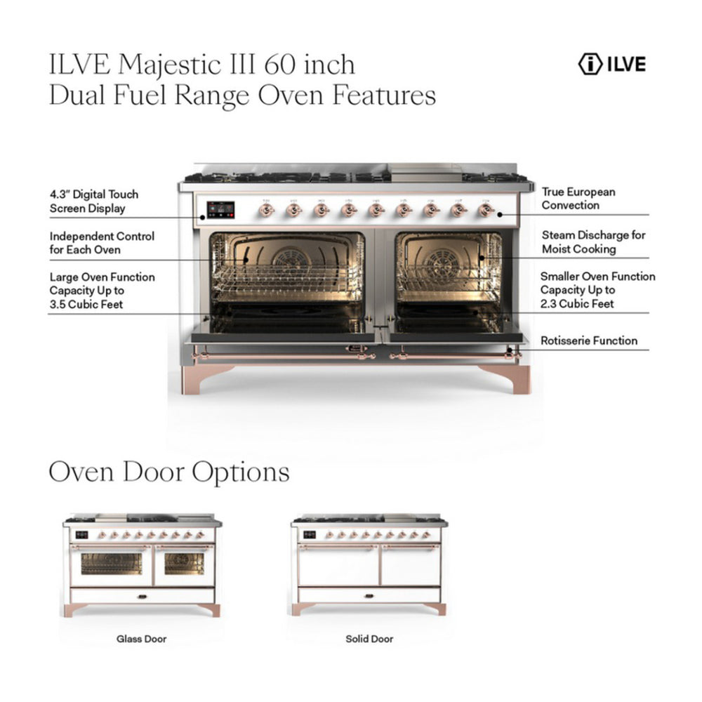 ILVE Majestic III 60-inch Dual Fuel Range with 5 Liquid Propane Burner, Griddle, French Top and Triple Glass Door Electric Oven in Mediterranean Mint with Brass Trim (UM60FSNR3MMGLP)