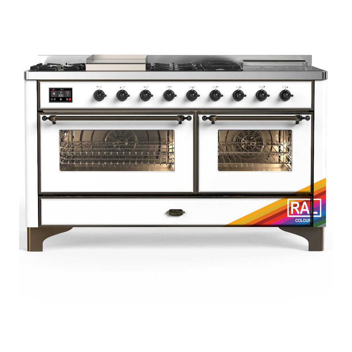 ILVE Majestic III 60-Inch NG Dual Fuel Range, 7 Burners, Griddle, French Top, Triple Glass Door, RAL with Burnished Trim (UM60FSNR3RAB)