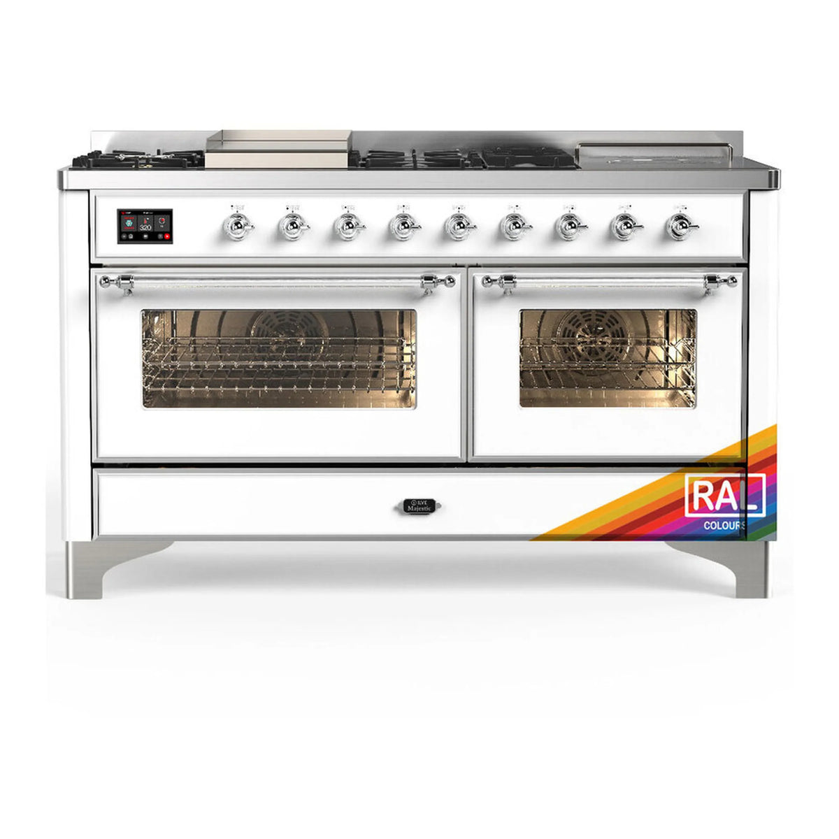ILVE Majestic III 60-inch Dual Fuel Range with 7 Natural Gas Burner, Griddle, French Top and Triple Glass Door Electric Oven in RAL with Chrome Trim (UM60FSNR3RAC)