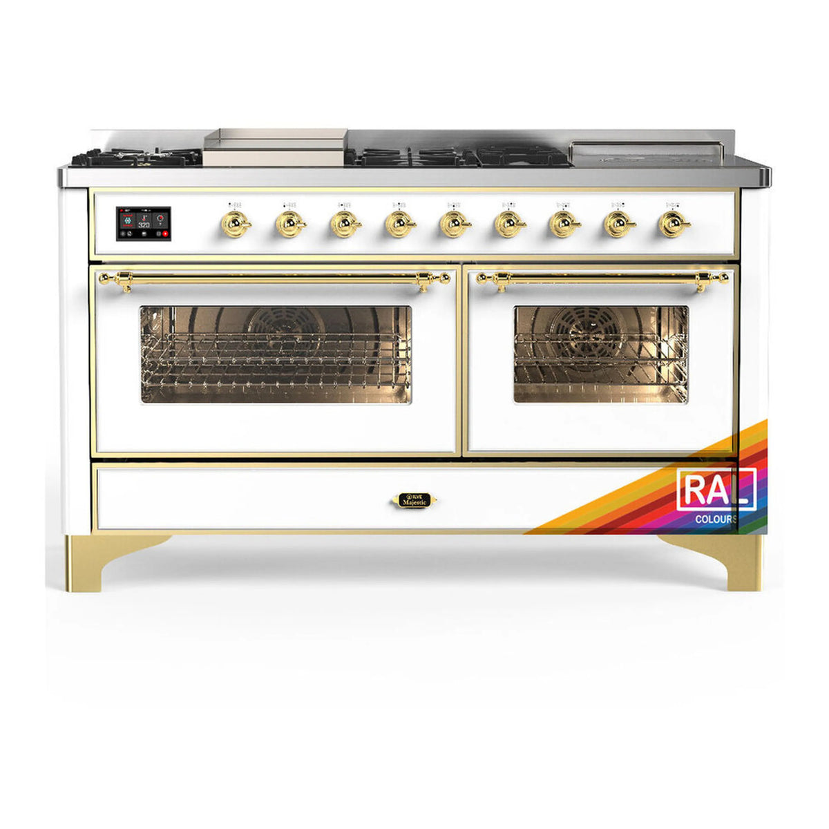 ILVE Majestic III 60-Inch NG Dual Fuel Range, 7 Burners, Griddle, French Top, Triple Glass Door, RAL with Brass Trim (UM60FSNR3RAG)