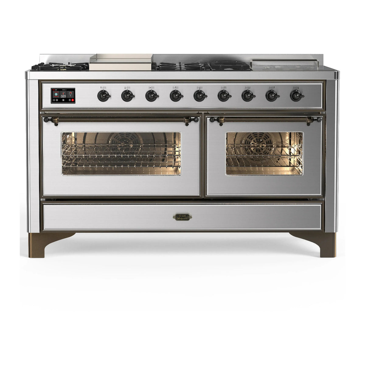 ILVE Majestic III 60-inch Dual Fuel Range with 7 Natural Gas Burner, Griddle, French Top and Triple Glass Door Electric Oven in Stainless Steel with Burnished Trim (UM60FSNR3SSB)