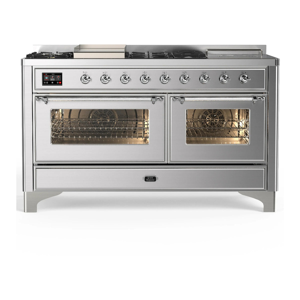ILVE Majestic III 60-Inch NG Dual Fuel Range, 7 Burners, Griddle, French Top, Triple Glass Door, Stainless Steel with Chrome Trim (UM60FSNR3SSC)