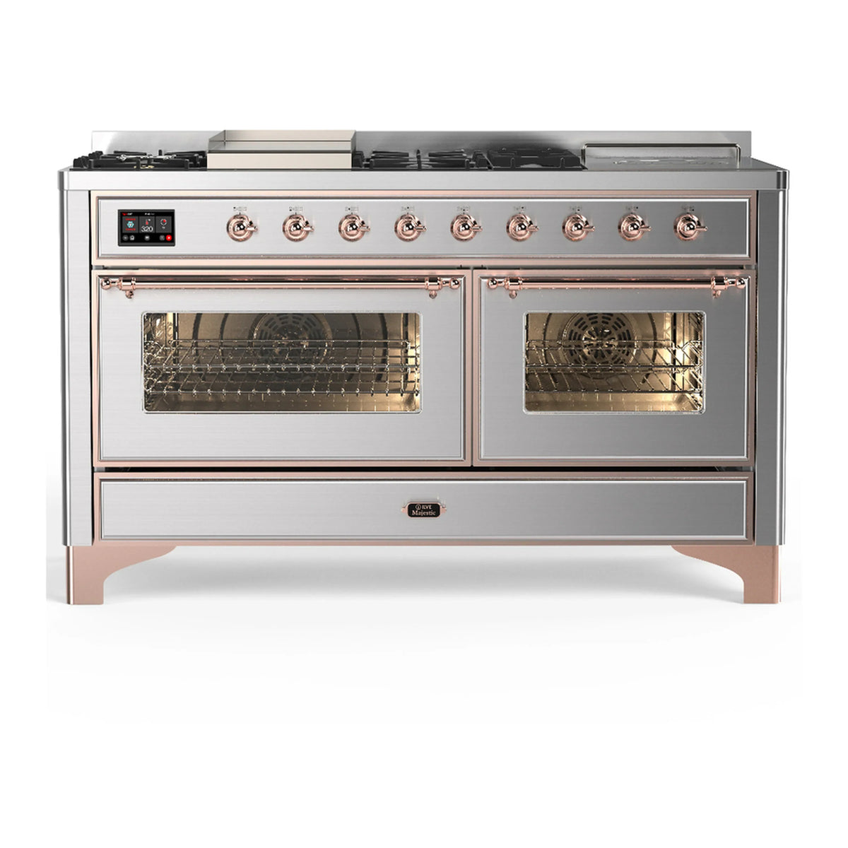 ILVE Majestic III 60-Inch NG Dual Fuel Range, 7 Burners, Griddle, French Top, Triple Glass Door, Stainless Steel with Copper Trim (UM60FSNR3SSP)