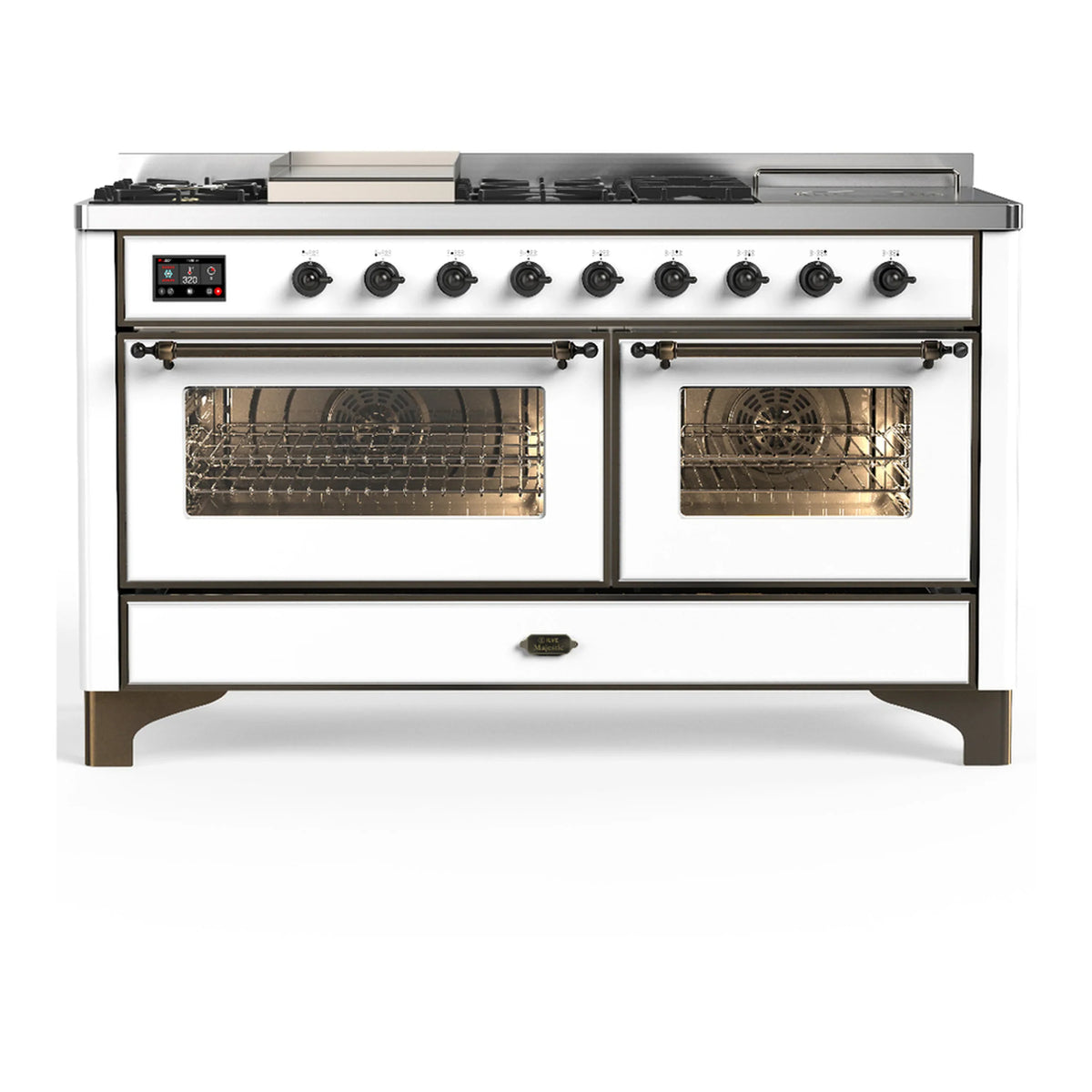 ILVE Majestic III 60-Inch LP Dual Fuel Range, 5 Burners, Griddle, French Top, Triple Glass Door, White, Burnished Trim (UM60FSNR3WHBLP)