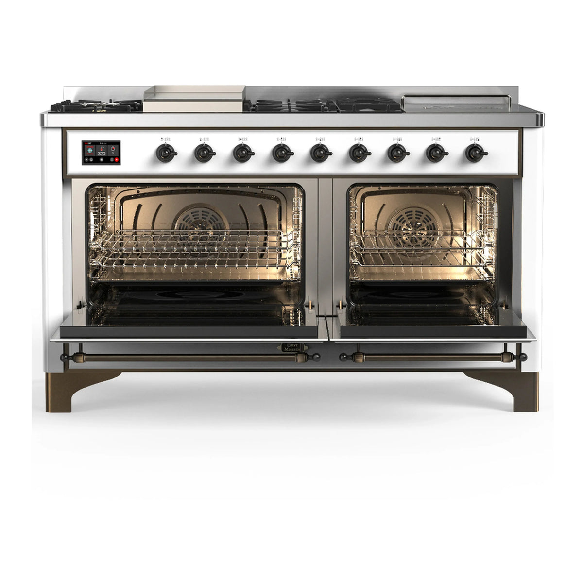 ILVE Majestic III 60-inch Dual Fuel Range with 7 Natural Gas Burner, Griddle, French Top and Triple Glass Door Electric Oven in White with Burnished Trim (UM60FSNR3WHB)