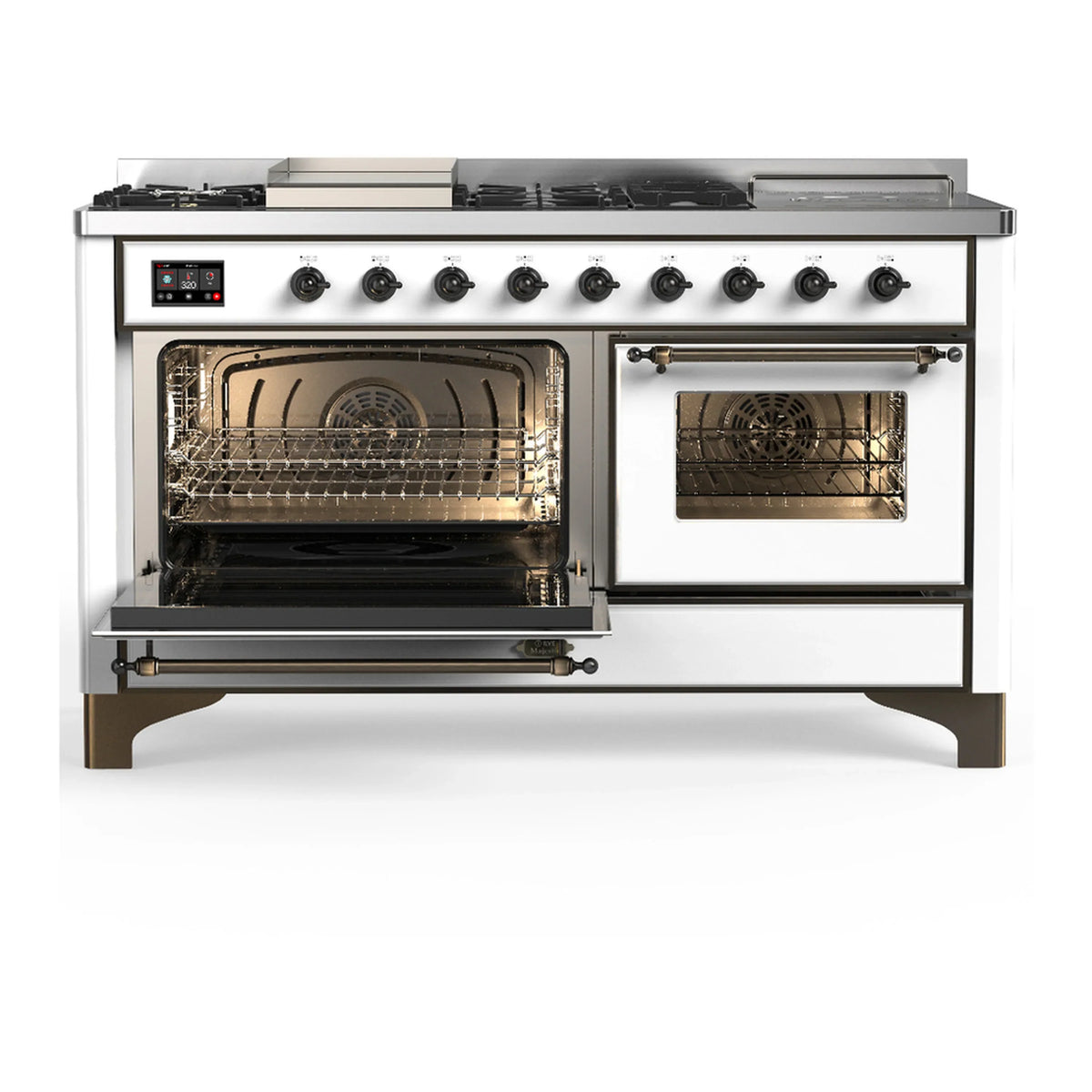 ILVE Majestic III 60-inch Dual Fuel Range with 7 Natural Gas Burner, Griddle, French Top and Triple Glass Door Electric Oven in White with Burnished Trim (UM60FSNR3WHB)