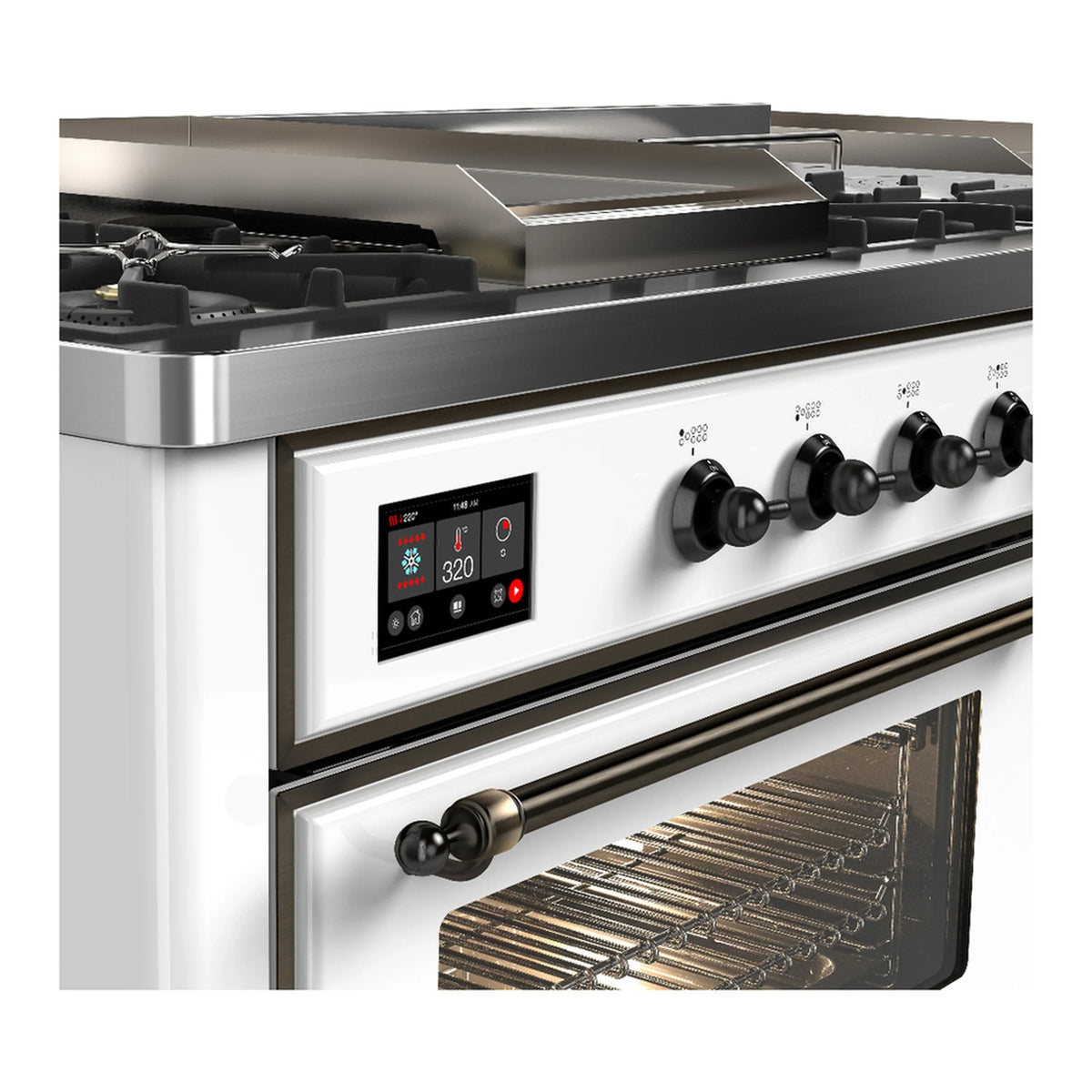 ILVE Majestic III 60-inch Dual Fuel Range with 7 Natural Gas Burner, Griddle, French Top and Triple Glass Door Electric Oven in White with Burnished Trim (UM60FSNR3WHB)