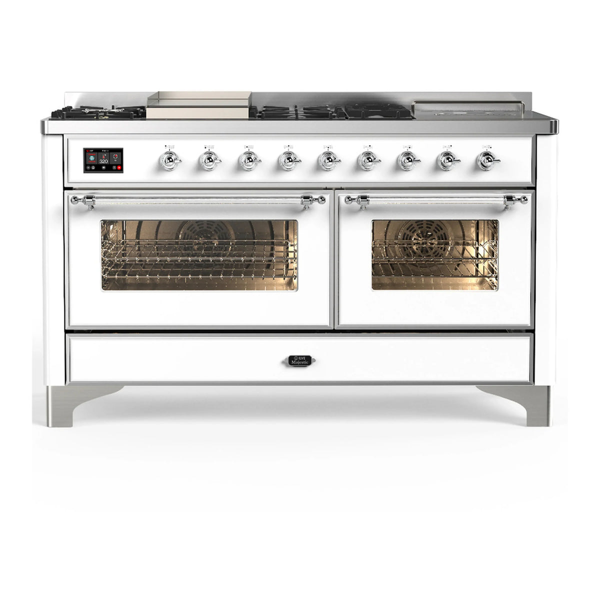 ILVE Majestic III 60-Inch NG Dual Fuel Range, 7 Burners, Griddle, French Top, Triple Glass Door, White with Chrome Trim (UM60FSNR3WHC)