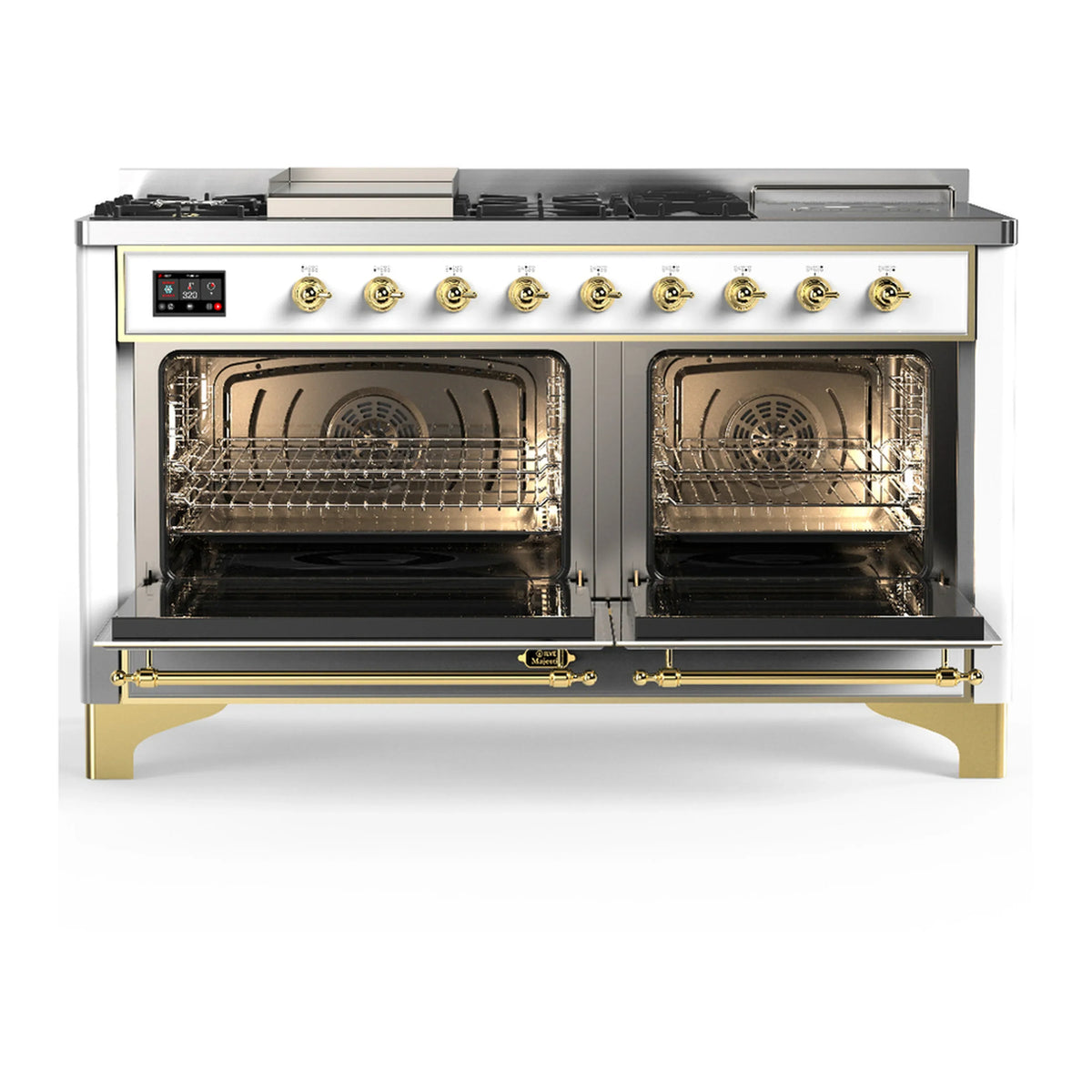 ILVE Majestic III 60-inch Dual Fuel Range with 7 Natural Gas Burner, Griddle, French Top and Triple Glass Door Electric Oven in White with Brass Trim (UM60FSNR3WHG)