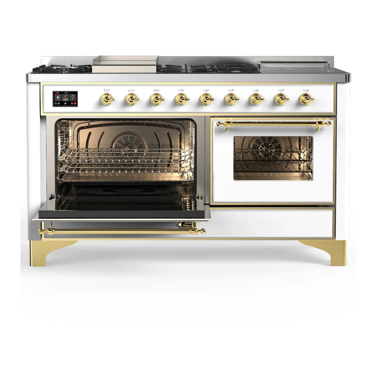 ILVE Majestic III 60-inch Dual Fuel Range with 7 Natural Gas Burner, Griddle, French Top and Triple Glass Door Electric Oven in White with Brass Trim (UM60FSNR3WHG)