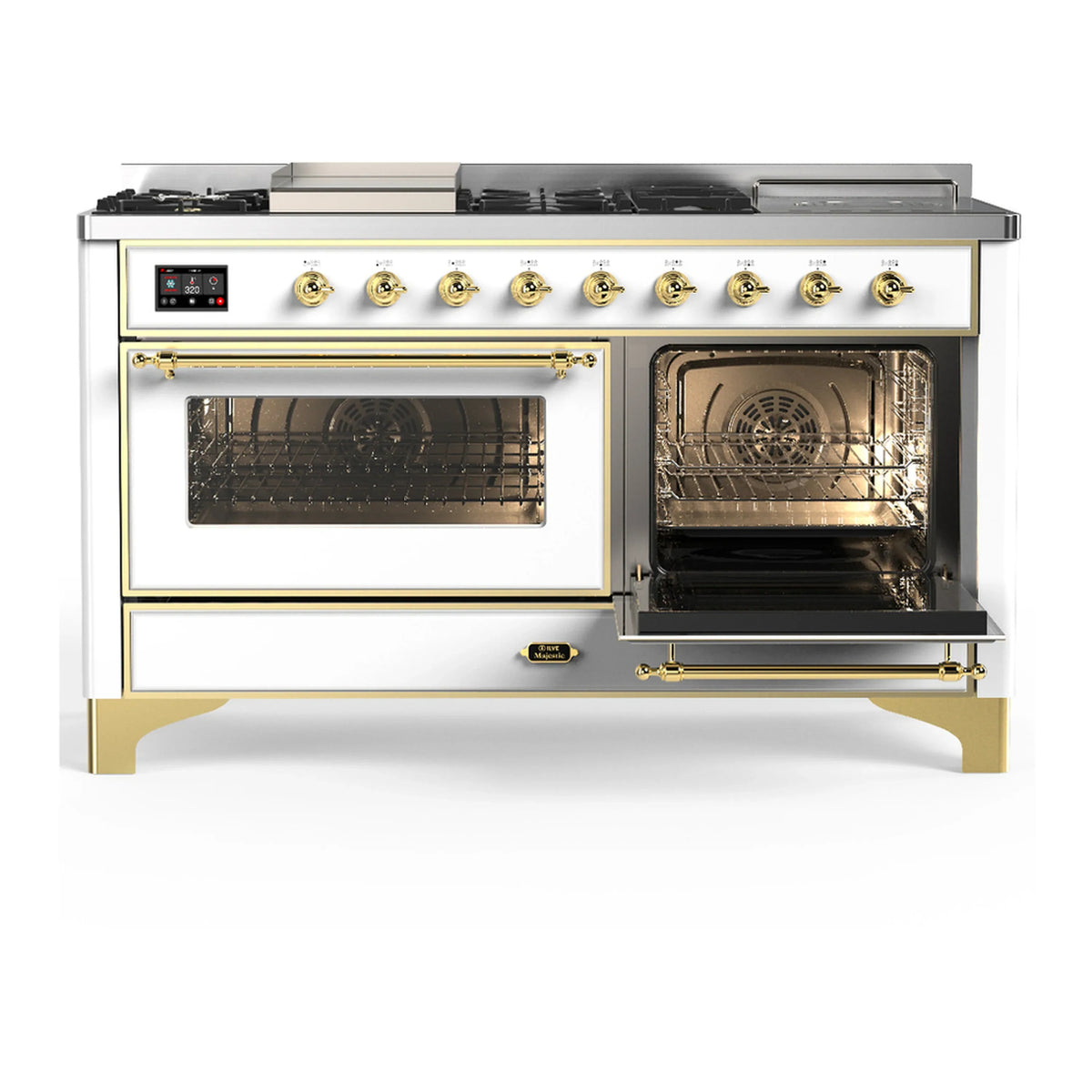 ILVE Majestic III 60-inch Dual Fuel Range with 7 Natural Gas Burner, Griddle, French Top and Triple Glass Door Electric Oven in White with Brass Trim (UM60FSNR3WHG)