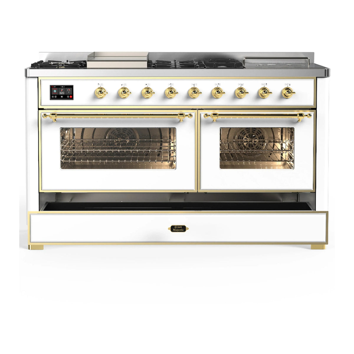 ILVE Majestic III 60-inch Dual Fuel Range with 7 Natural Gas Burner, Griddle, French Top and Triple Glass Door Electric Oven in White with Brass Trim (UM60FSNR3WHG)