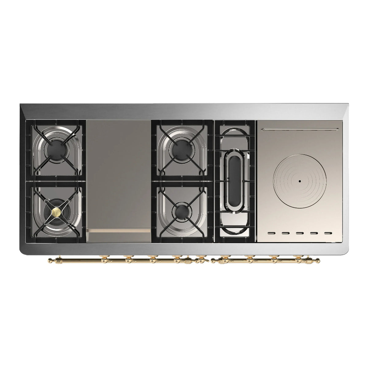 ILVE Majestic III 60-inch Dual Fuel Range with 7 Natural Gas Burner, Griddle, French Top and Triple Glass Door Electric Oven in White with Brass Trim (UM60FSNR3WHG)