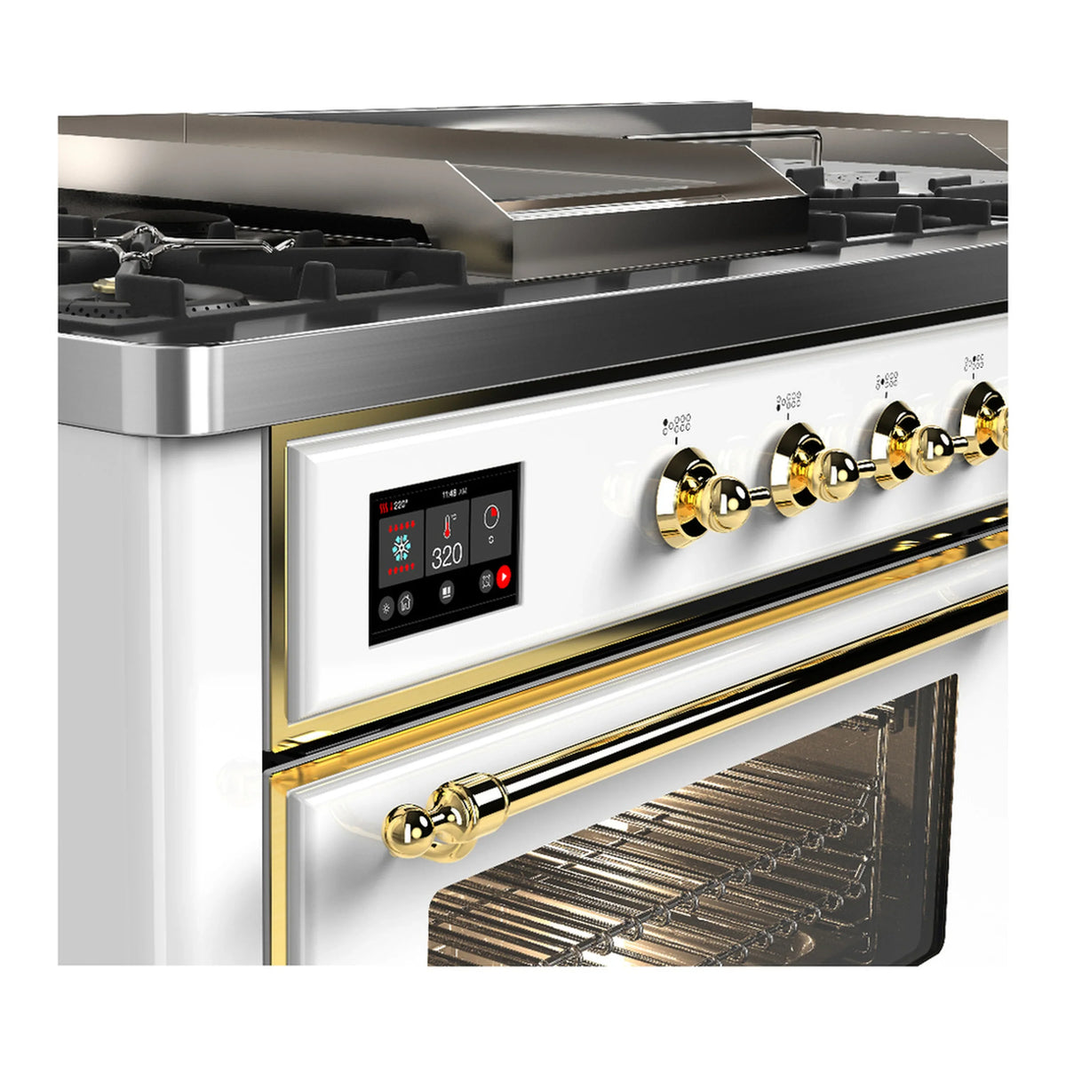 ILVE Majestic III 60-inch Dual Fuel Range with 7 Natural Gas Burner, Griddle, French Top and Triple Glass Door Electric Oven in White with Brass Trim (UM60FSNR3WHG)