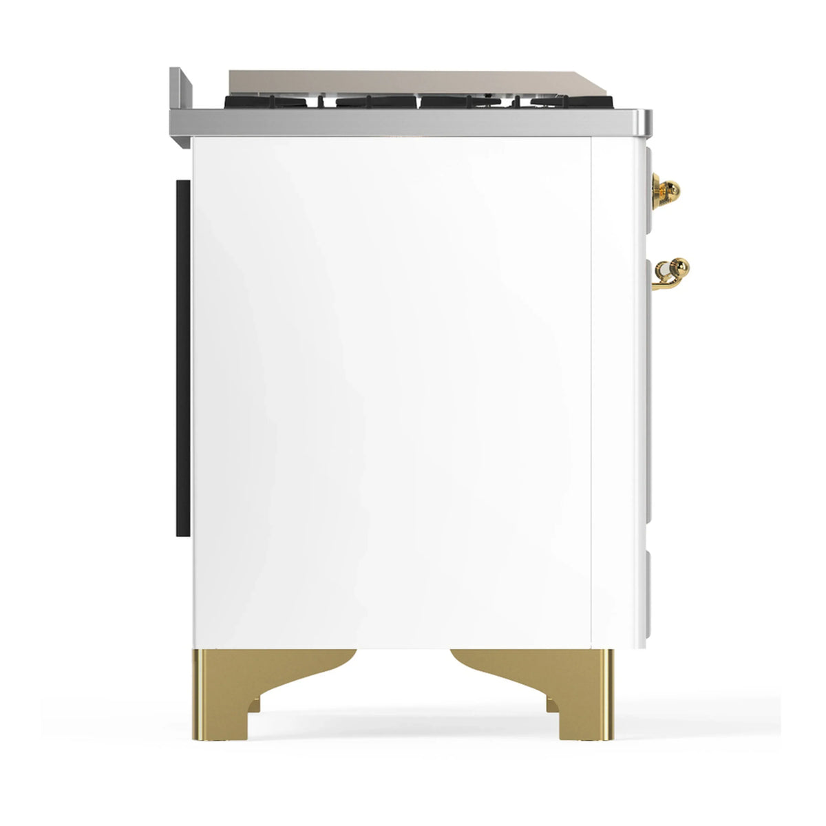 ILVE Majestic III 60-inch Dual Fuel Range with 7 Natural Gas Burner, Griddle, French Top and Triple Glass Door Electric Oven in White with Brass Trim (UM60FSNR3WHG)