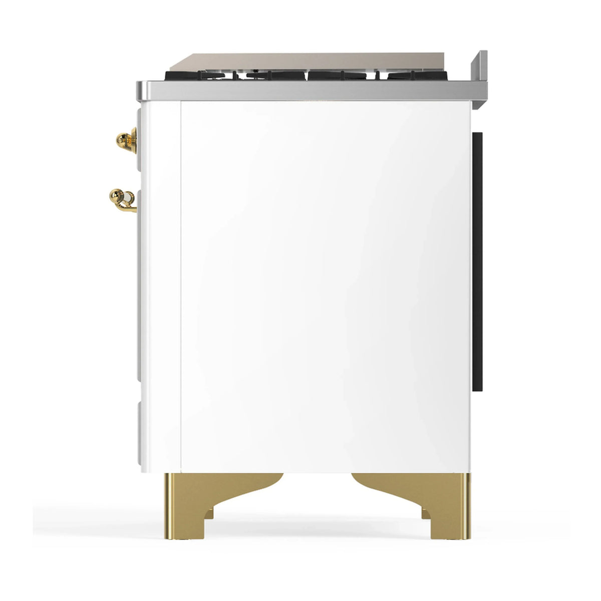ILVE Majestic III 60-inch Dual Fuel Range with 7 Natural Gas Burner, Griddle, French Top and Triple Glass Door Electric Oven in White with Brass Trim (UM60FSNR3WHG)