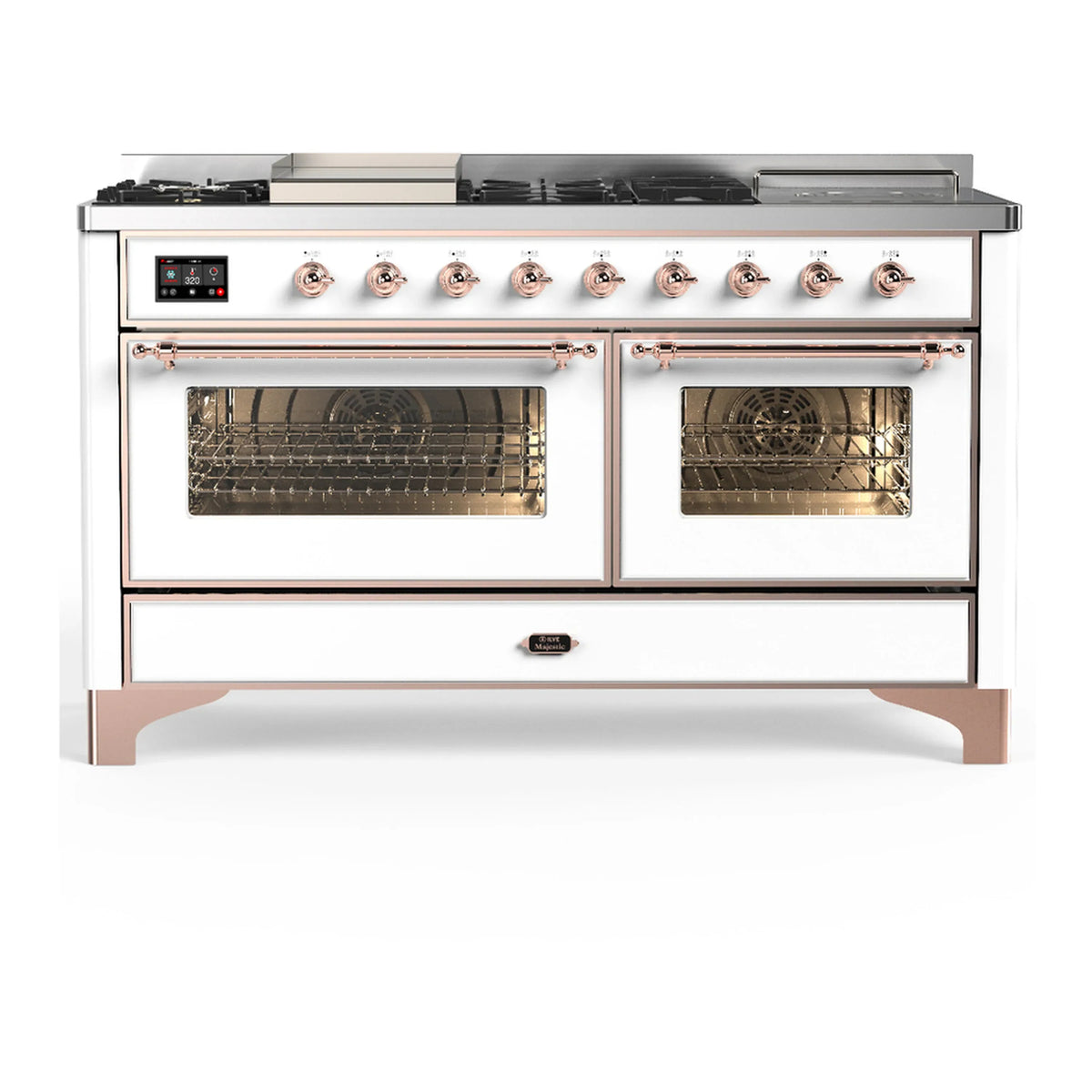 ILVE Majestic III 60-inch Dual Fuel Range with 5 Liquid Propane Burner, Griddle, French Top and Triple Glass Door Electric Oven in White with Copper Trim (UM60FSNR3WHPLP)
