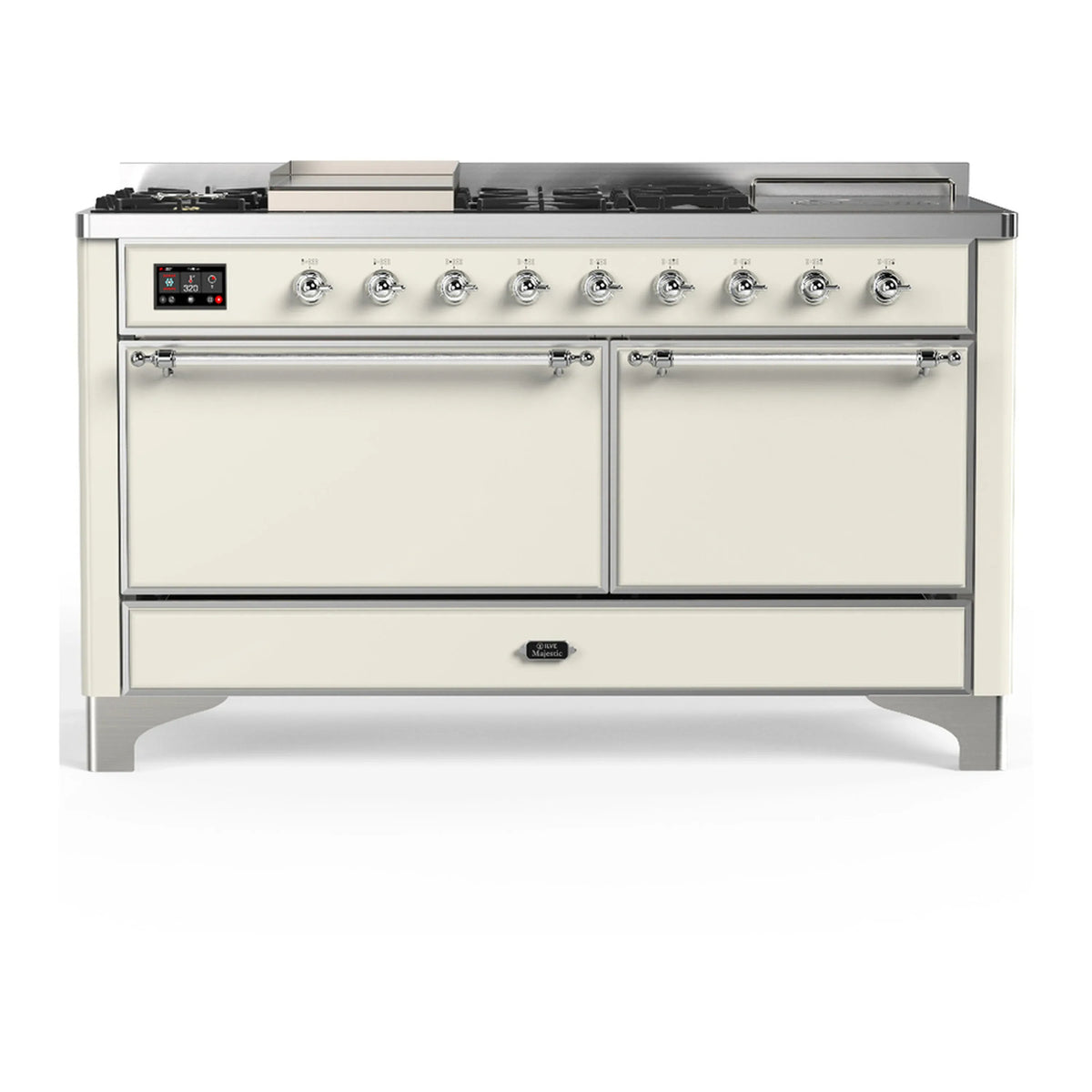 ILVE Majestic III 60-Inch LP Dual Fuel Range, 5 Burners, Griddle, French Top, Solid Door, Antique White, Chrome Trim (UM60FSQNR3AWCLP)