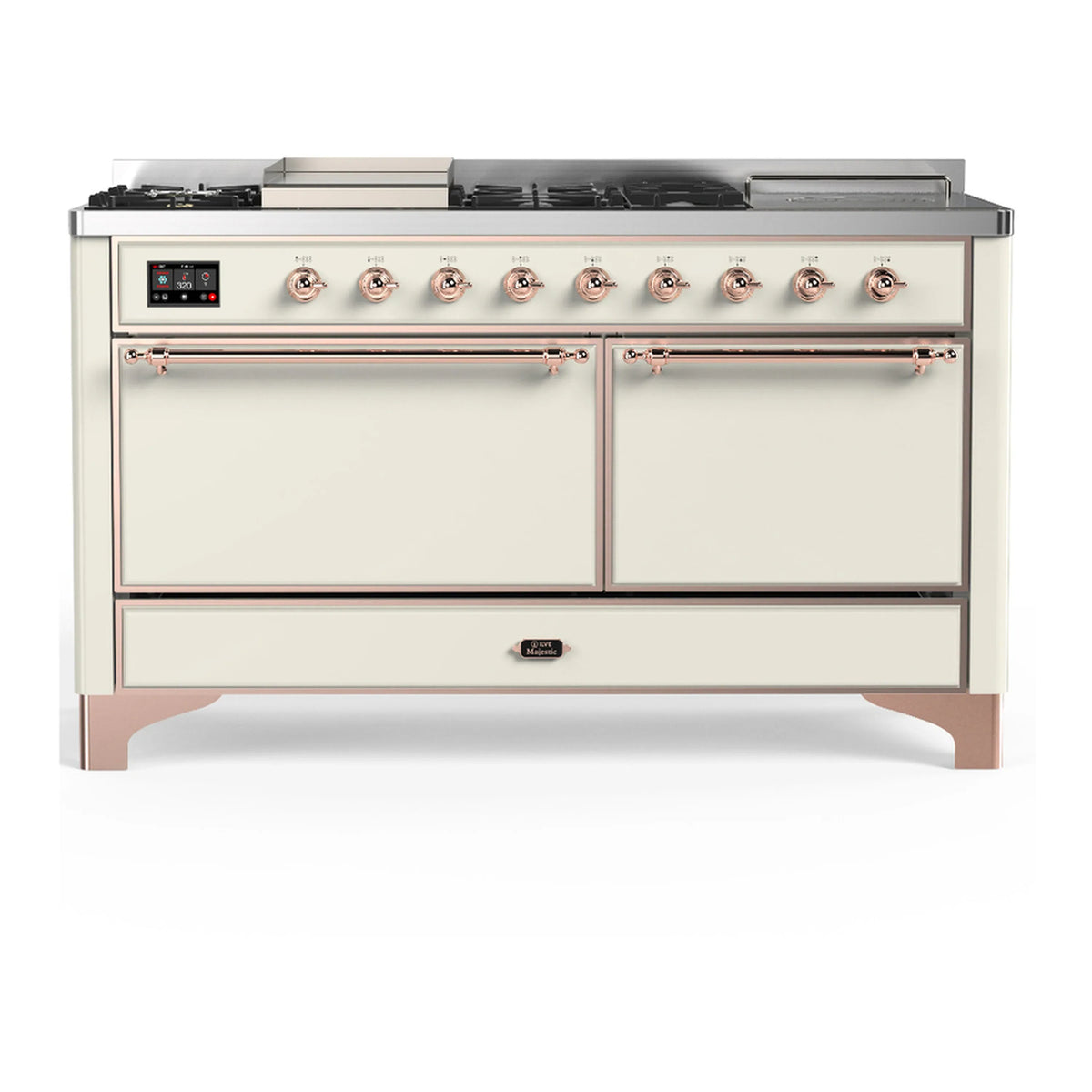 ILVE Majestic III 60-inch Dual Fuel Range with 7 Natural Gas Burner, Griddle, French Top and Solid Door Electric Oven in Antique White with Copper Trim (UM60FSQNR3AWP)
