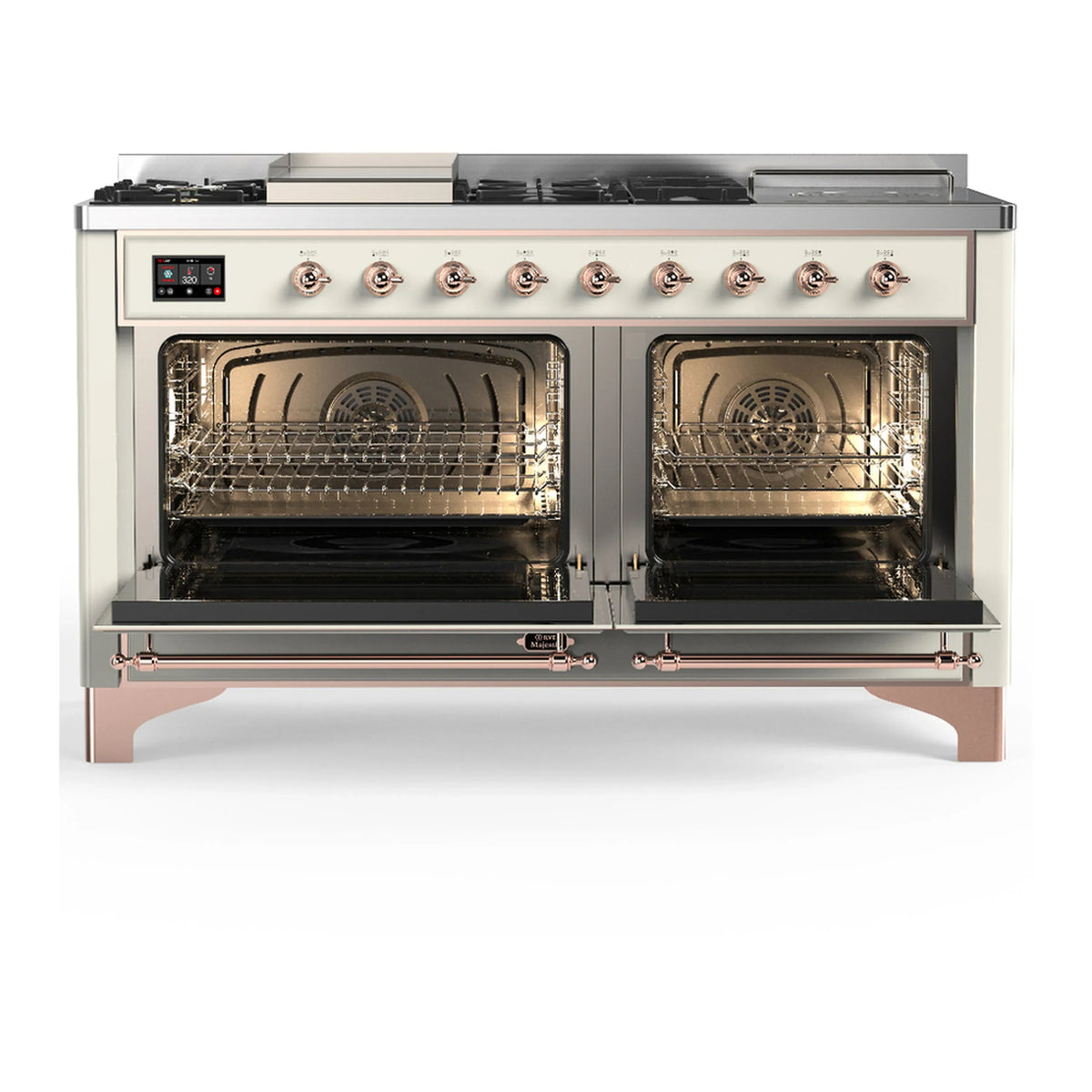 ILVE Majestic III 60-inch Dual Fuel Range with 7 Natural Gas Burner, Griddle, French Top and Solid Door Electric Oven in Antique White with Copper Trim (UM60FSQNR3AWP)