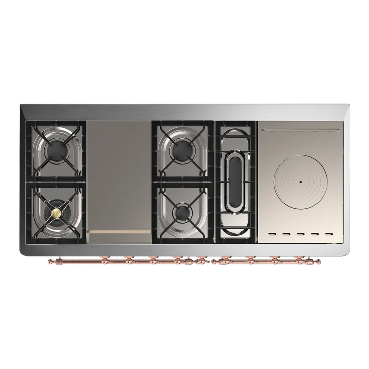 ILVE Majestic III 60-inch Dual Fuel Range with 7 Natural Gas Burner, Griddle, French Top and Solid Door Electric Oven in Antique White with Copper Trim (UM60FSQNR3AWP)