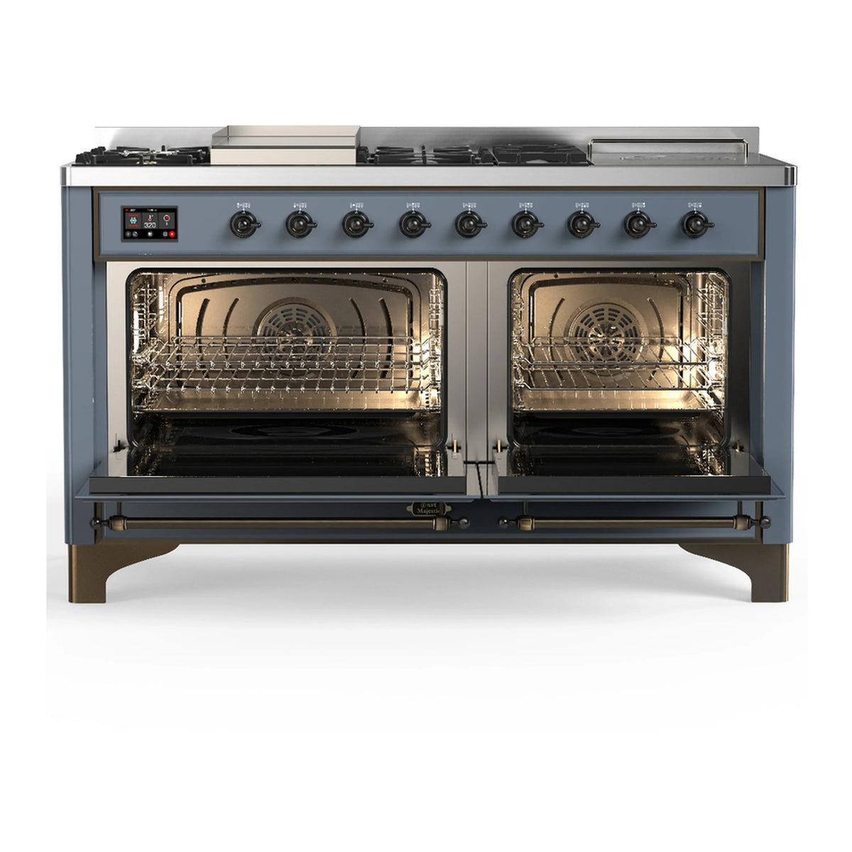 ILVE Majestic III 60-inch Dual Fuel Range with 7 Natural Gas Burner, Griddle, French Top and Solid Door Electric Oven in Blue Grey with Burnished Trim (UM60FSQNR3BGB)
