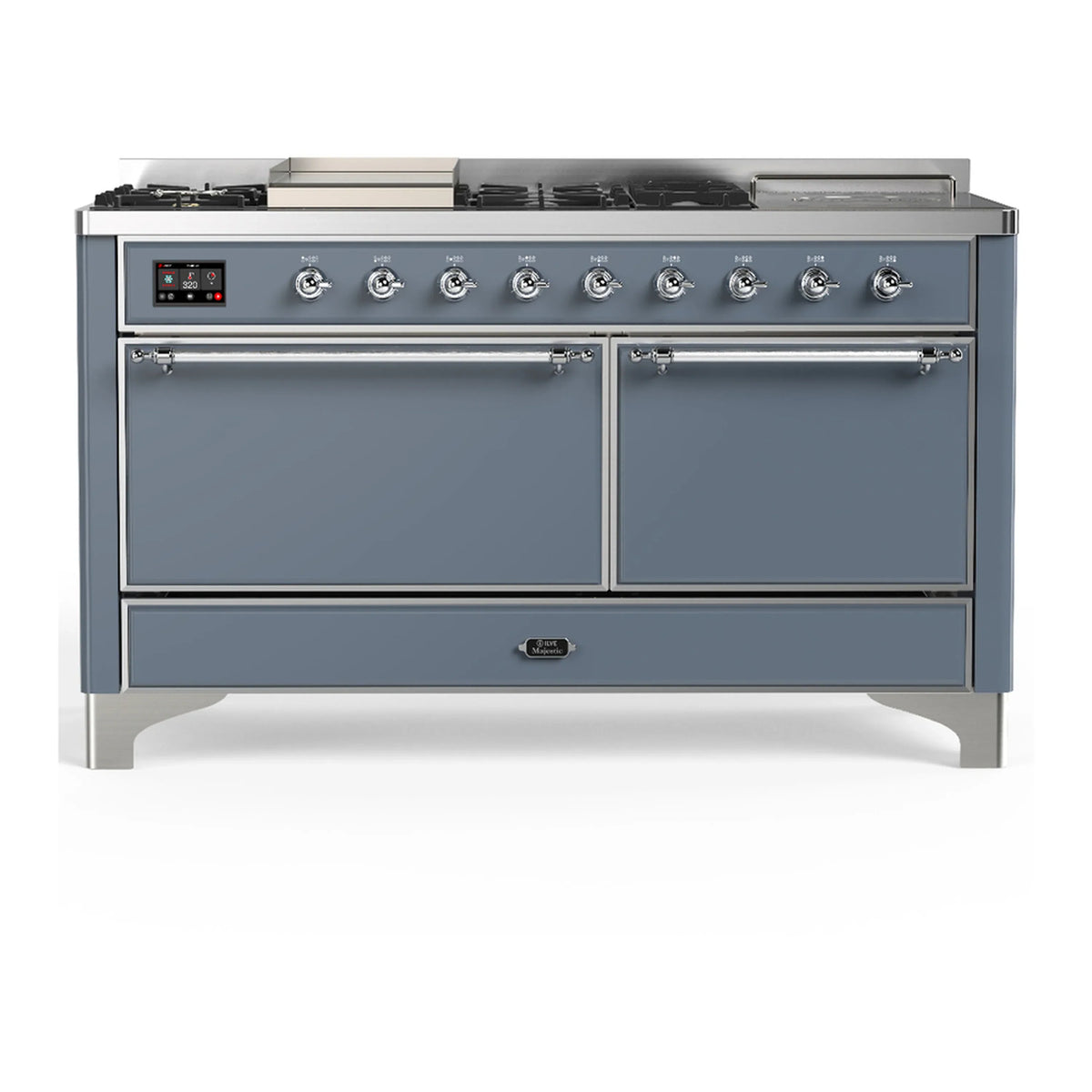 ILVE Majestic III 60-inch Dual Fuel Range with 7 Natural Gas Burner, Griddle, French Top and Solid Door Electric Oven in Blue Grey with Chrome Trim (UM60FSQNR3BGC)