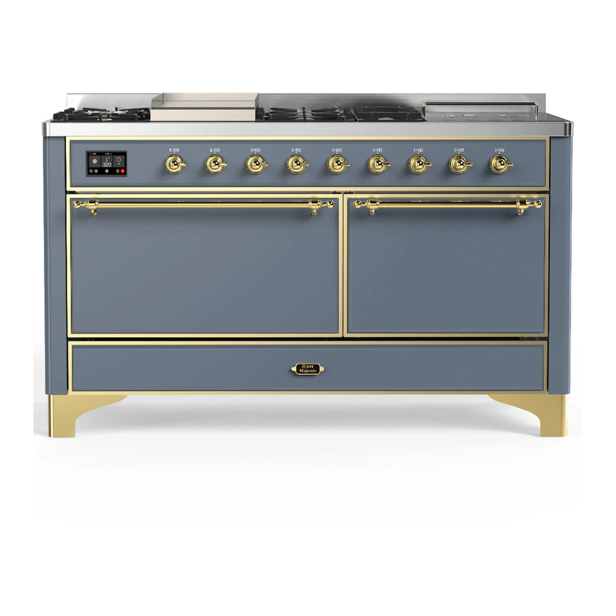 ILVE Majestic III 60-inch Dual Fuel Range with 7 Natural Gas Burner, Griddle, French Top and Solid Door Electric Oven in Blue Grey with Brass Trim (UM60FSQNR3BGG)