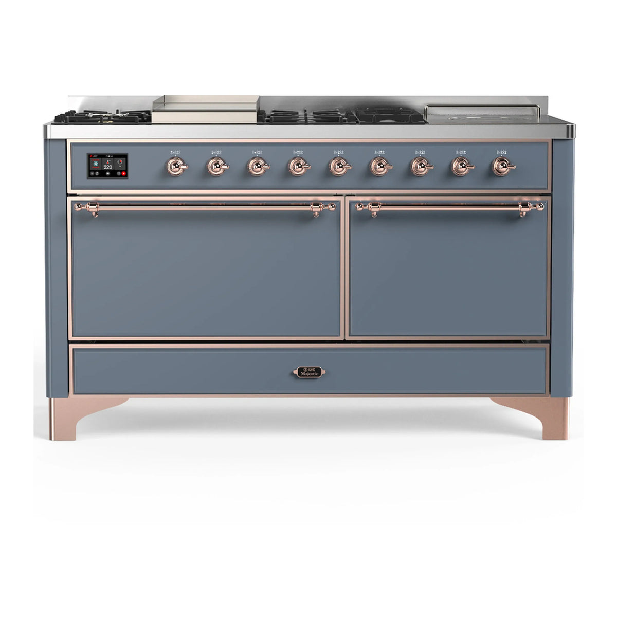 ILVE Majestic III 60-inch Dual Fuel Range with 7 Natural Gas Burner, Griddle, French Top and Solid Door Electric Oven in Blue Grey with Copper Trim (UM60FSQNR3BGP)