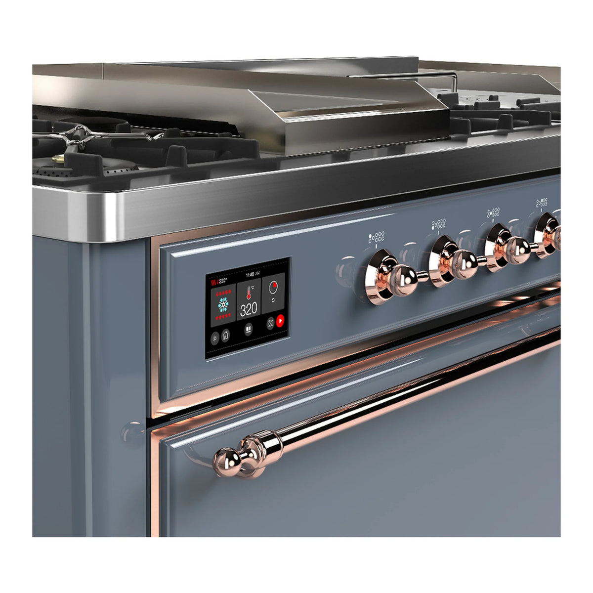ILVE Majestic III 60-inch Dual Fuel Range with 7 Natural Gas Burner, Griddle, French Top and Solid Door Electric Oven in Blue Grey with Copper Trim (UM60FSQNR3BGP)