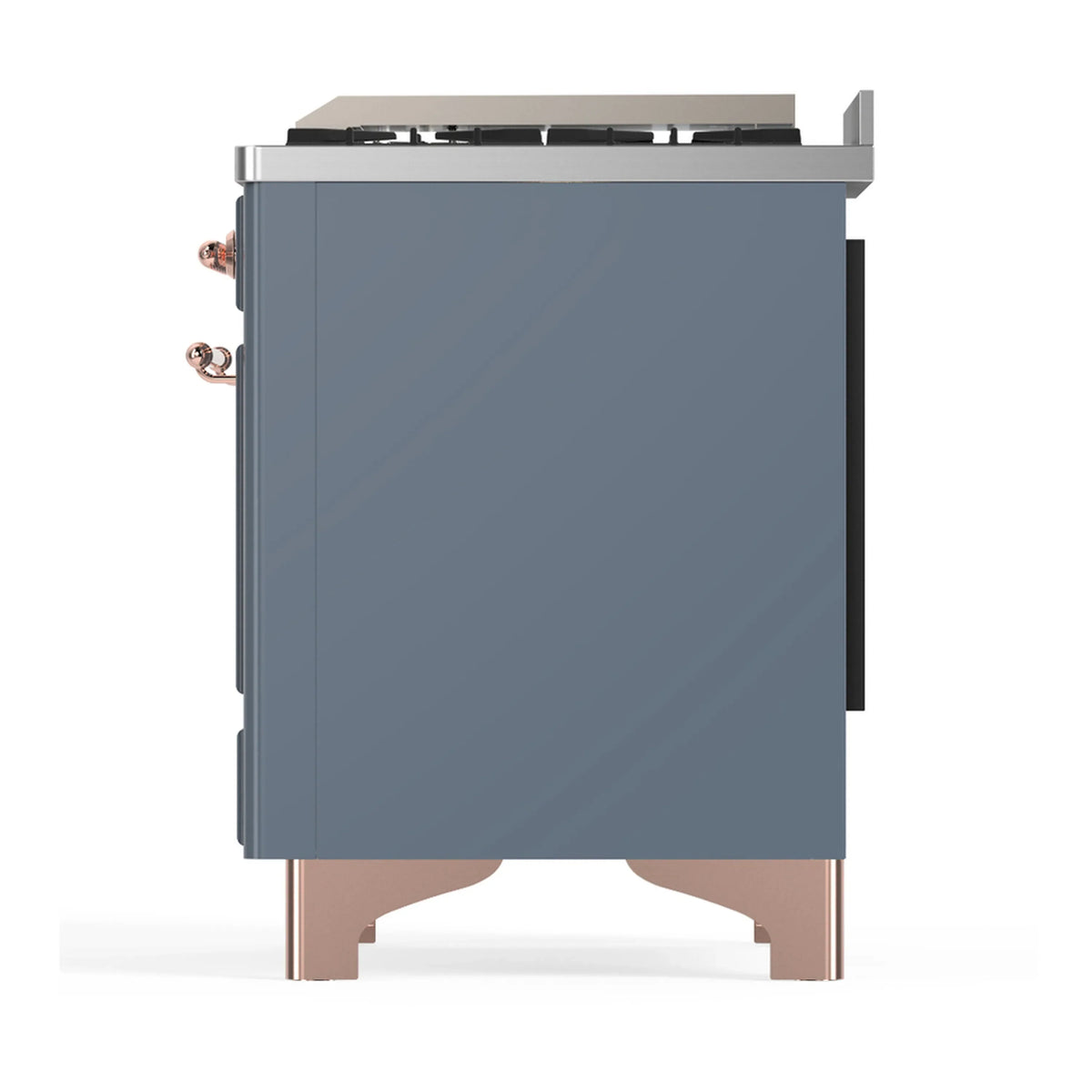 ILVE Majestic III 60-inch Dual Fuel Range with 7 Natural Gas Burner, Griddle, French Top and Solid Door Electric Oven in Blue Grey with Copper Trim (UM60FSQNR3BGP)