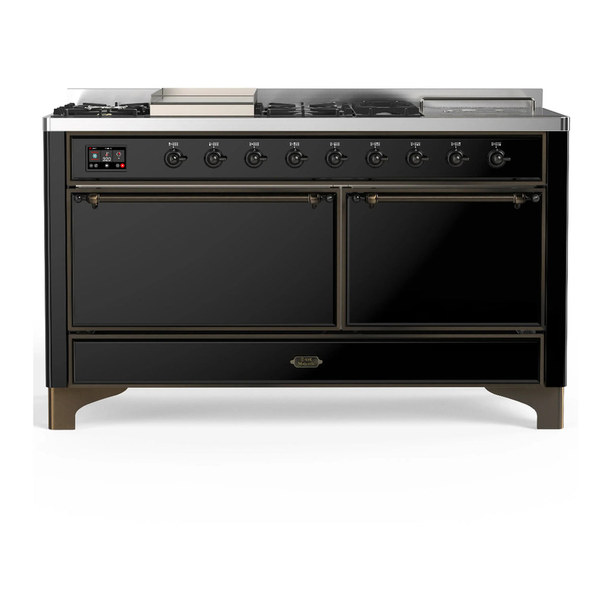 ILVE Majestic III 60-inch Dual Fuel Range with 5 Liquid Propane Burner, Griddle, French Top and Solid Door Electric Oven in Glossy Black with Burnished Trim (UM60FSQNR3BKBLP)