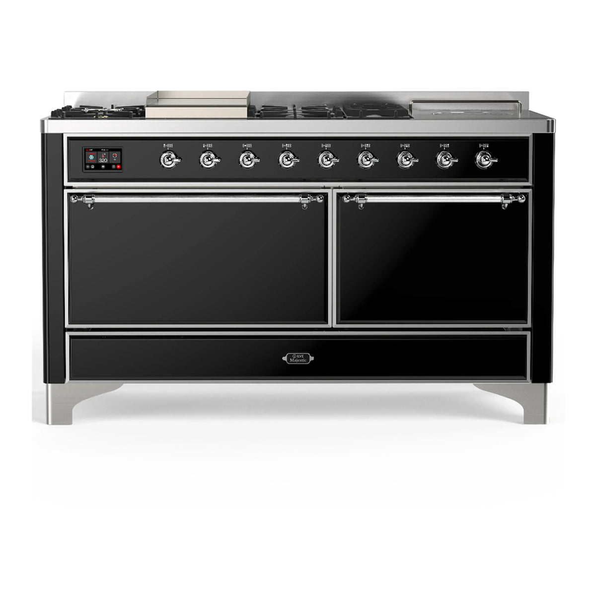 ILVE Majestic III 60-inch Dual Fuel Range with 7 Natural Gas Burner, Griddle, French Top and Solid Door Electric Oven in Glossy Black with Chrome Trim (UM60FSQNR3BKC)