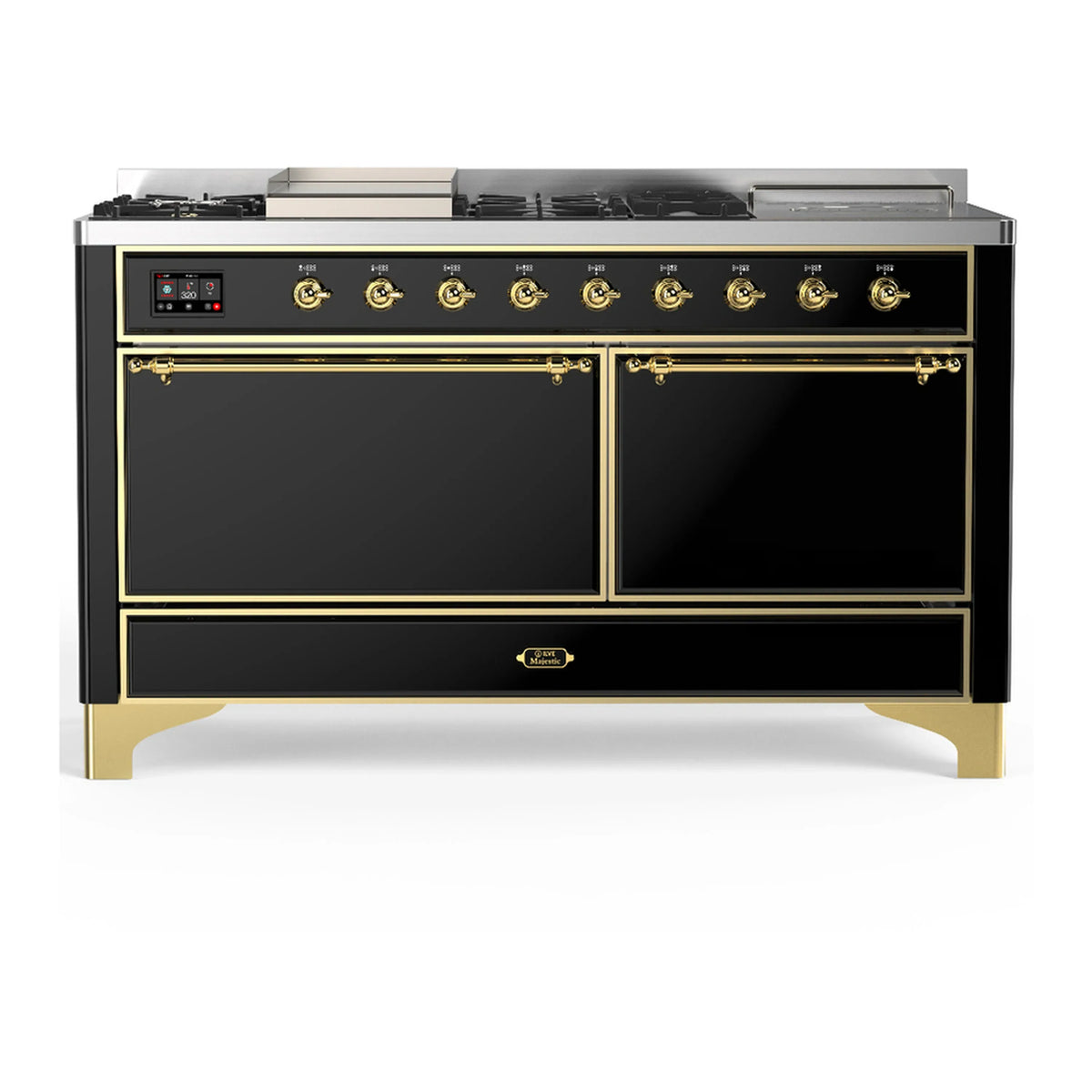 ILVE Majestic III 60-inch Dual Fuel Range with 5 Liquid Propane Burner, Griddle, French Top and Solid Door Electric Oven in Glossy Black with Brass Trim (UM60FSQNR3BKGLP)