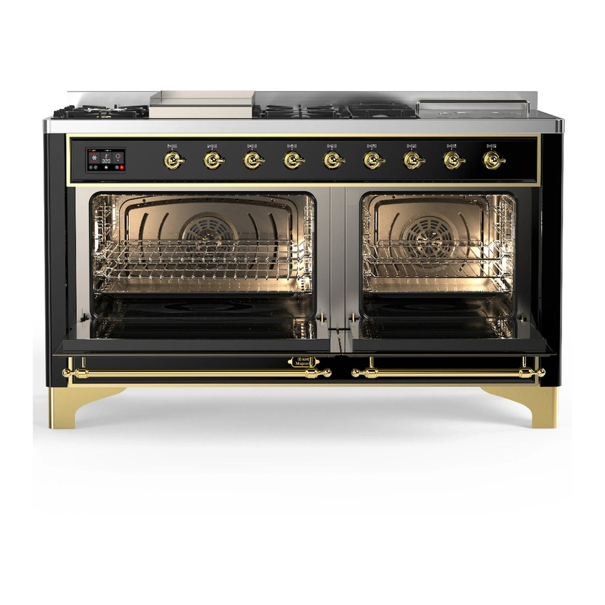 ILVE Majestic III 60-inch Dual Fuel Range with 5 Liquid Propane Burner, Griddle, French Top and Solid Door Electric Oven in Glossy Black with Brass Trim (UM60FSQNR3BKGLP)