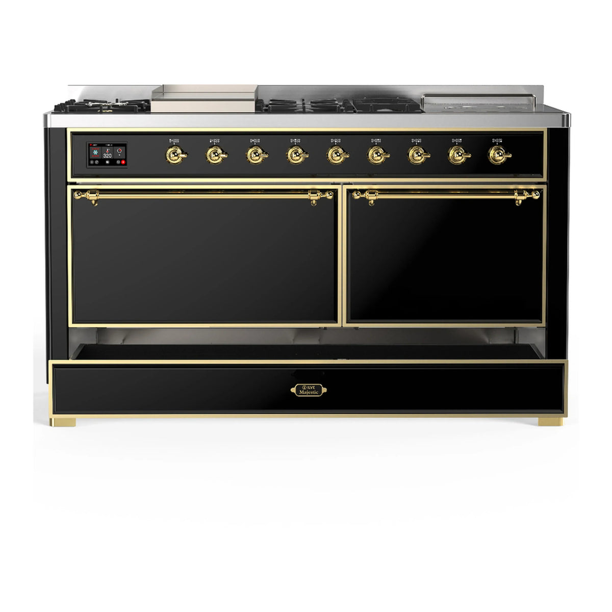 ILVE Majestic III 60-inch Dual Fuel Range with 5 Liquid Propane Burner, Griddle, French Top and Solid Door Electric Oven in Glossy Black with Brass Trim (UM60FSQNR3BKGLP)
