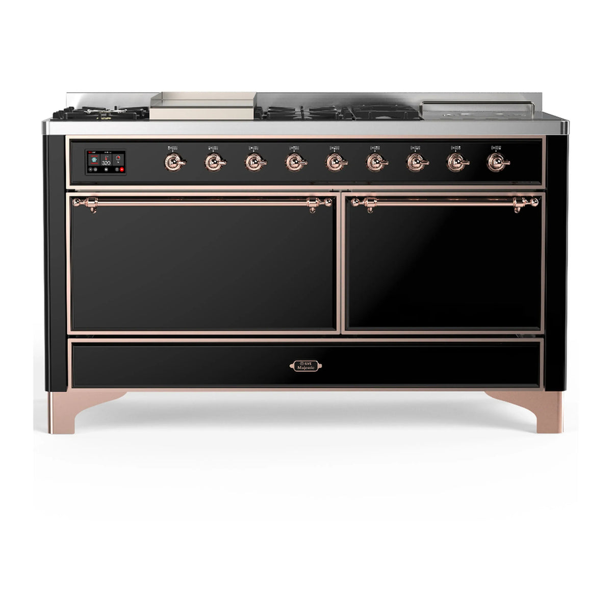 ILVE Majestic III 60-inch Dual Fuel Range with 7 Natural Gas Burner, Griddle, French Top and Solid Door Electric Oven in Glossy Black with Copper Trim (UM60FSQNR3BKP)
