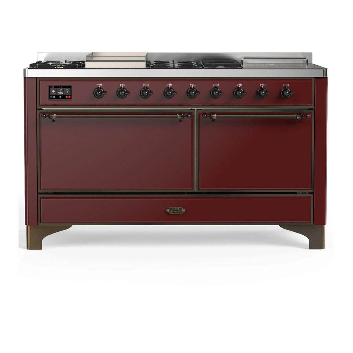 ILVE Majestic III 60-inch Dual Fuel Range with 7 Natural Gas Burner, Griddle, French Top and Solid Door Electric Oven in Burgundy with Burnished Trim (UM60FSQNR3BUB)