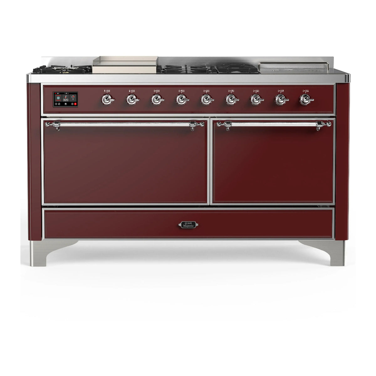ILVE Majestic III 60-Inch LP Dual Fuel Range, 5 Burners, Griddle, French Top, Solid Door, Burgundy, Chrome Trim (UM60FSQNR3BUCLP)