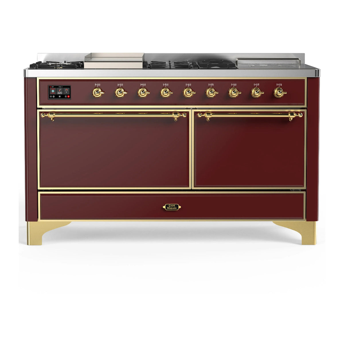 ILVE Majestic III 60-Inch NG Dual Fuel Range, 7 Burners, Griddle, French Top, Solid Door, Burgundy with Brass Trim (UM60FSQNR3BUG)