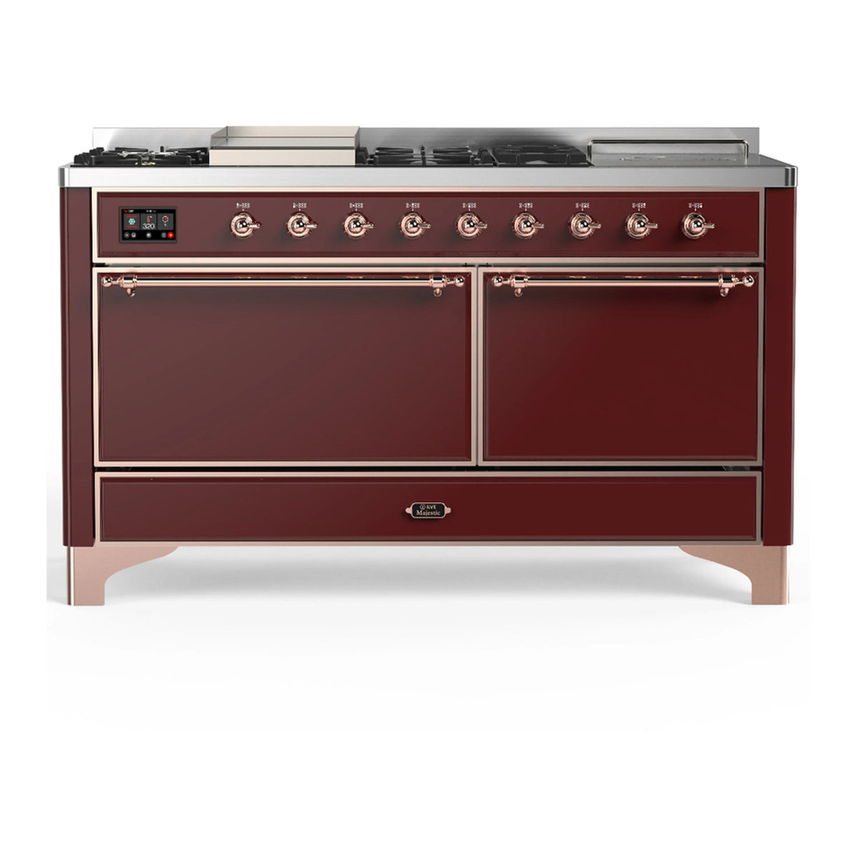 ILVE Majestic III 60-inch Dual Fuel Range with 5 Liquid Propane Burner, Griddle, French Top and Solid Door Electric Oven in Burgundy with Copper Trim (UM60FSQNR3BUPLP)