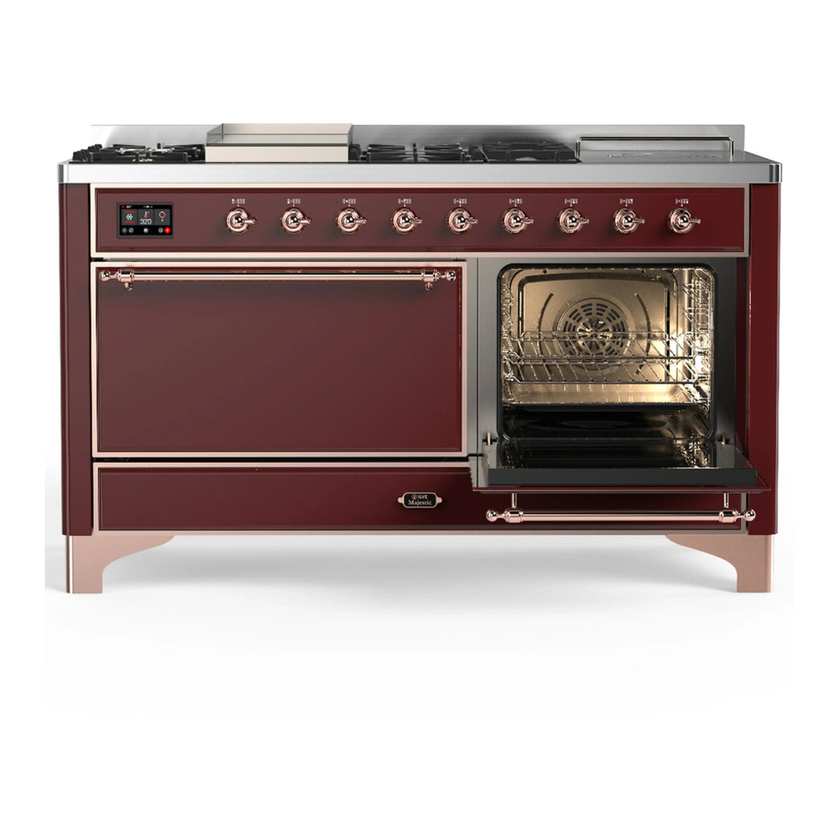 ILVE Majestic III 60-inch Dual Fuel Range with 5 Liquid Propane Burner, Griddle, French Top and Solid Door Electric Oven in Burgundy with Copper Trim (UM60FSQNR3BUPLP)