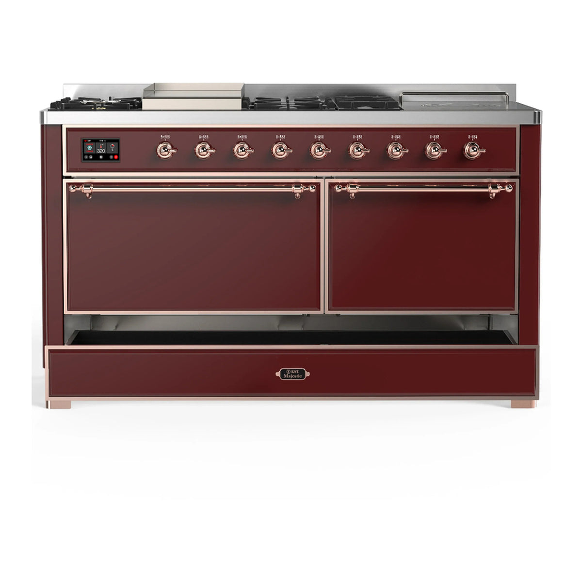 ILVE Majestic III 60-inch Dual Fuel Range with 7 Natural Gas Burner, Griddle, French Top and Solid Door Electric Oven in Burgundy with Copper Trim (UM60FSQNR3BUP)