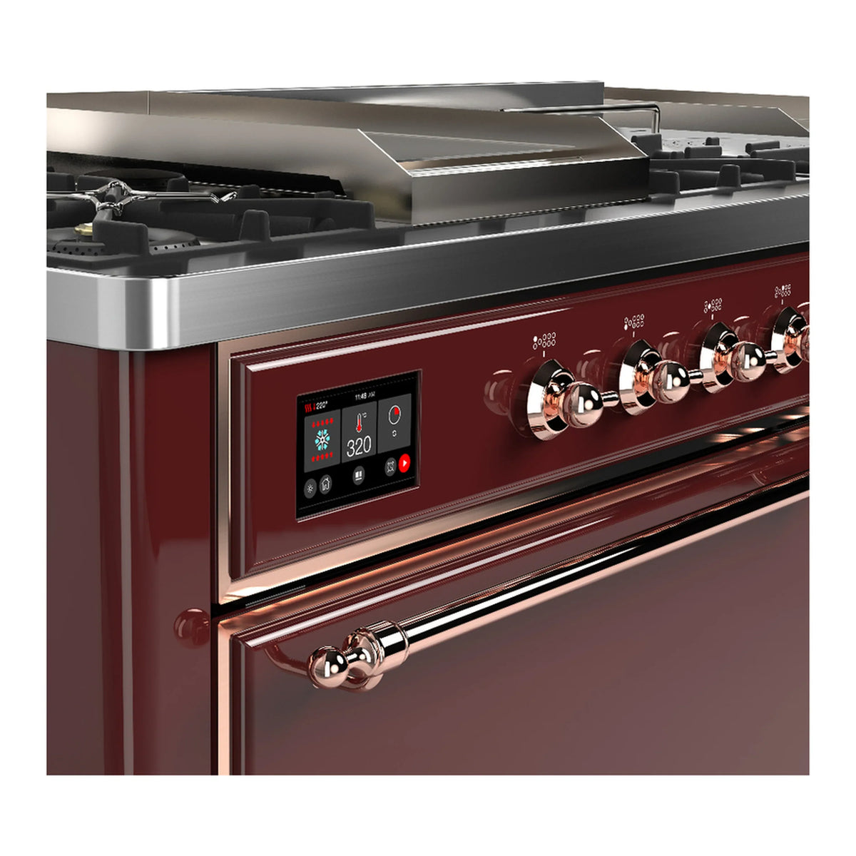 ILVE Majestic III 60-inch Dual Fuel Range with 7 Natural Gas Burner, Griddle, French Top and Solid Door Electric Oven in Burgundy with Copper Trim (UM60FSQNR3BUP)