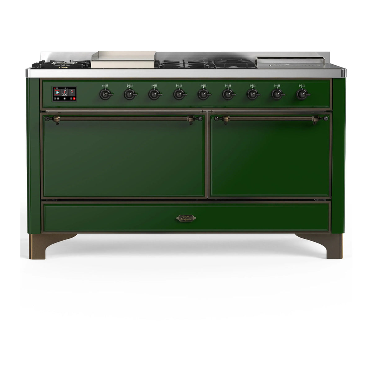 ILVE Majestic III 60-Inch LP Dual Fuel Range, 5 Burners, Griddle, French Top, Solid Door, Emerald Green, Burnished Trim (UM60FSQNR3EGBLP)