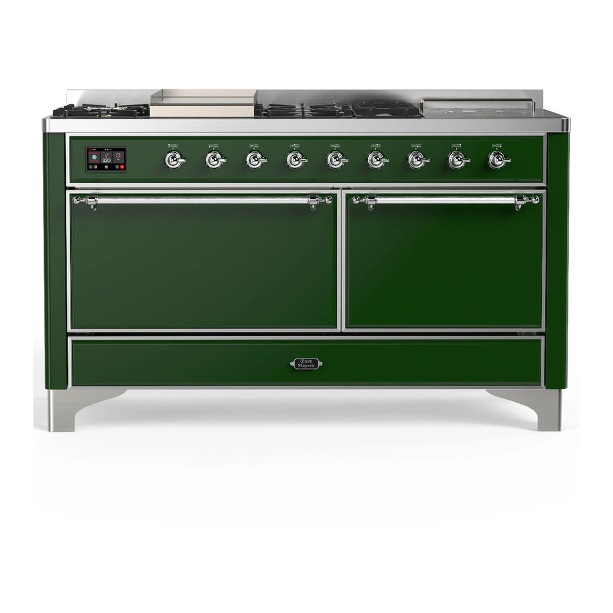 ILVE Majestic III 60-Inch LP Dual Fuel Range, 5 Burners, Griddle, French Top, Solid Door, Emerald Green, Chrome Trim (UM60FSQNR3EGCLP)
