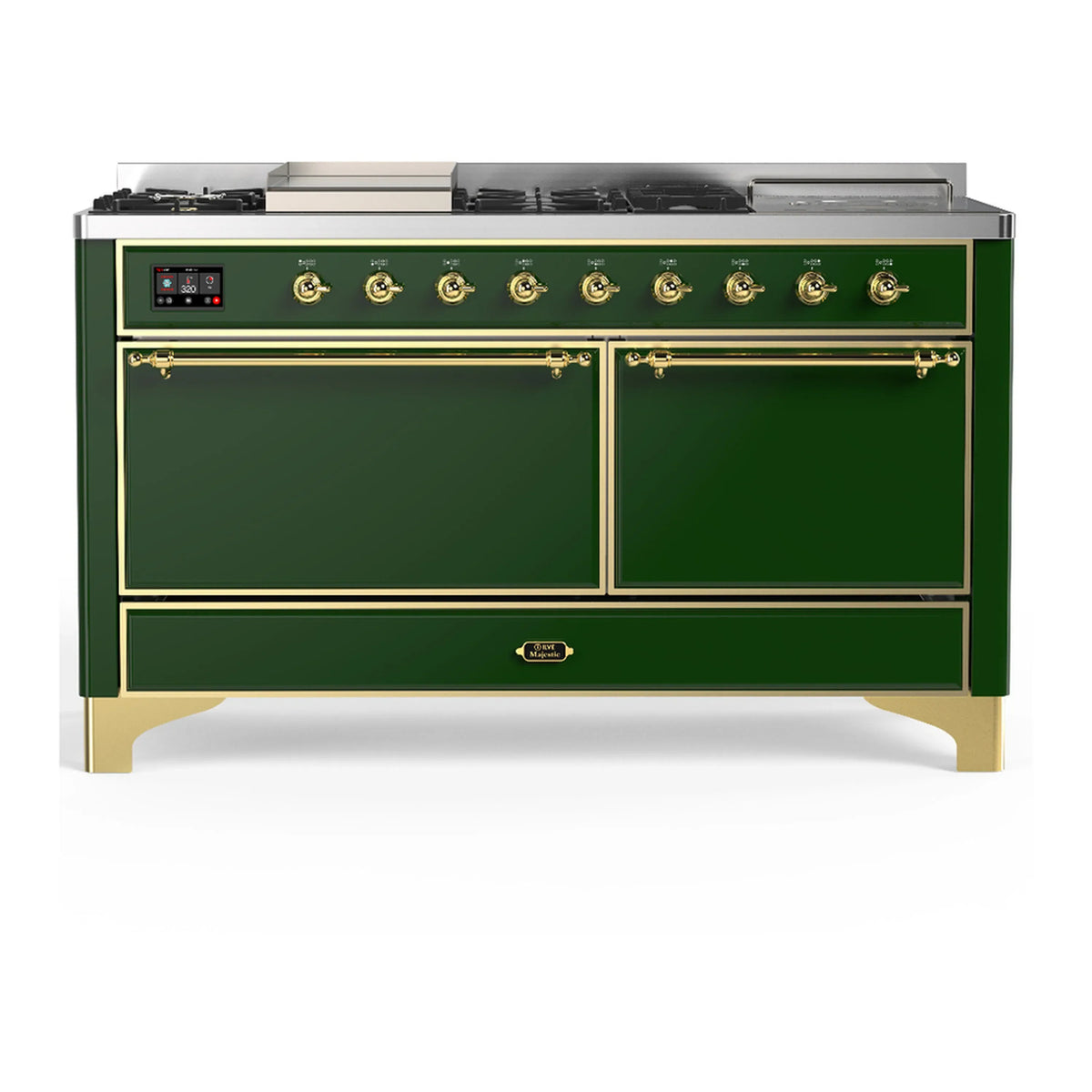 ILVE Majestic III 60-Inch NG Dual Fuel Range, 7 Burners, Griddle, French Top, Solid Door, Emerald Green with Brass Trim (UM60FSQNR3EGG)